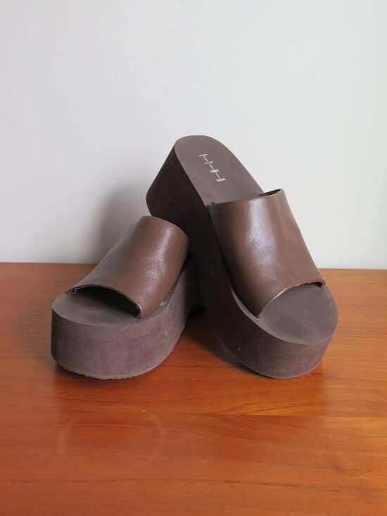 INTO Shoes - ITNO Two Wave Mule Platform Slides Brown Leather EU 38/US 7
